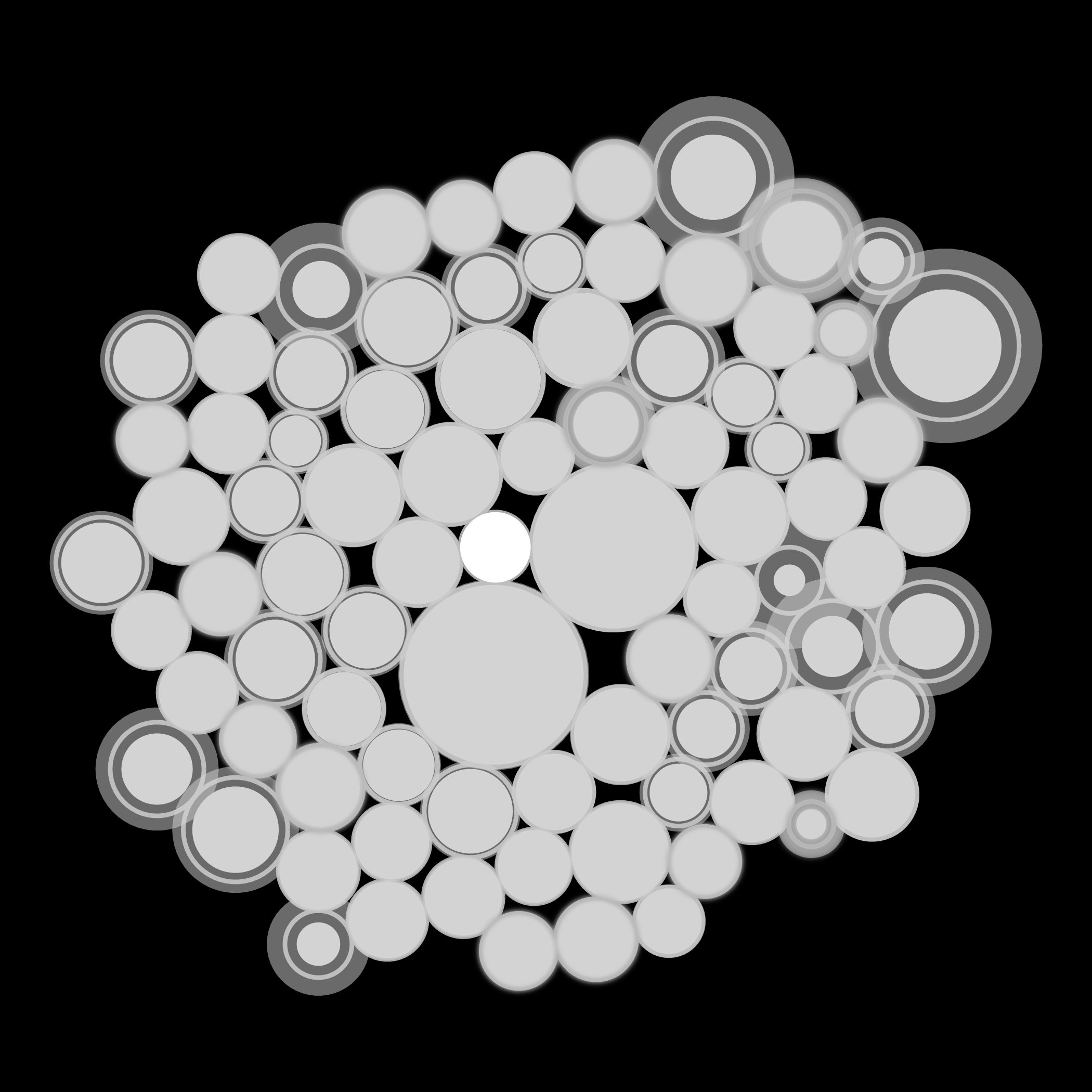 86 grey circles of varying size on a black background.